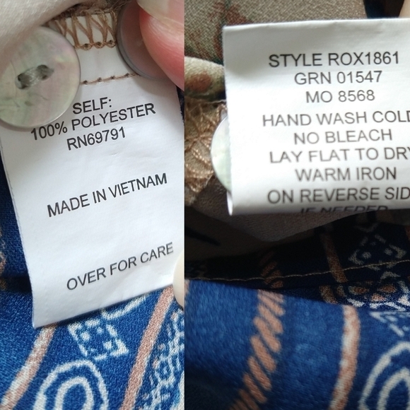 Fig & Flower Tan Blue Boho Floral Paisley Button-Up Blouse Roll Tab Sleeve - Picture 8 of 8